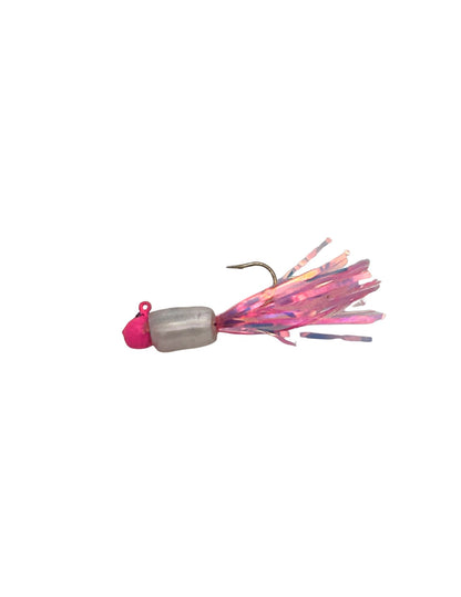 Bling Weenie tinsel tail crappie jig lure in a vibrant hot pink and clean silver color pattern perfect for triggering reaction strikes