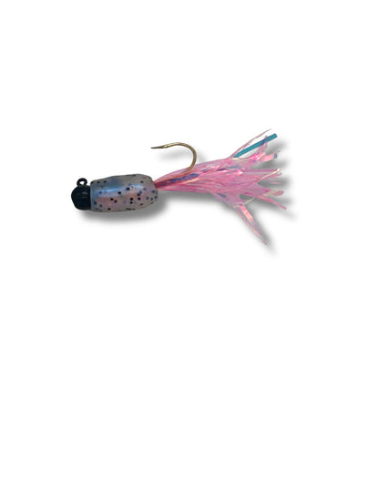 Bling Weenie tinsel tail crappie jig lure in a deep blue and black flake color pattern featuring custom holographic tinsel strands