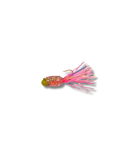 Crystal Guppie tinsel tail crappie jig featuring an eighth-ounce chartreuse green jig head, a translucent multi-color glitter body, and a holographic pink tinsel tail.