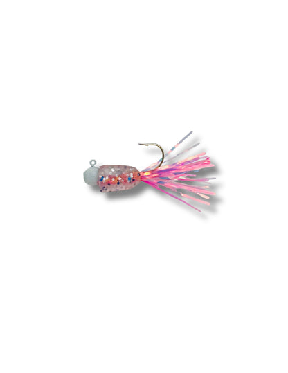 Crystal Guppie tinsel tail crappie jig featuring a clean white jig head paired with a translucent pink tinsel skirt and a premium needlepoint hook