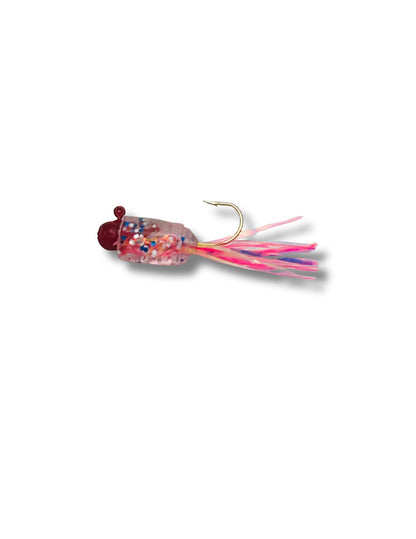 Crystal Guppie tinsel tail crappie jig featuring a deep red jig head, a translucent glitter body, and a high-action pink tinsel tail perfect for panfish.