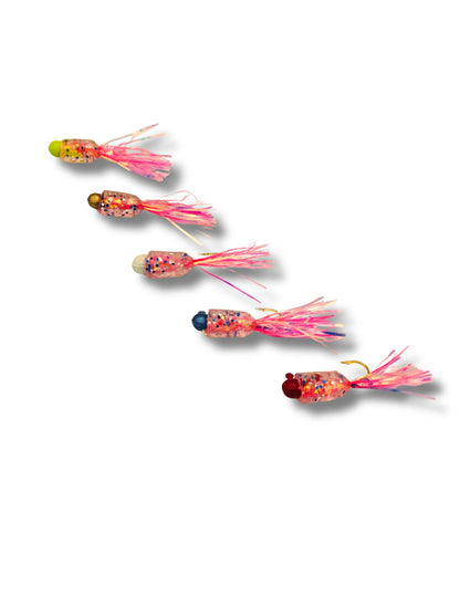 Crystal Guppie tinsel tail jig 10-pack for crappie fishing featuring an eighth ounce head and holographic Mylar flash.
