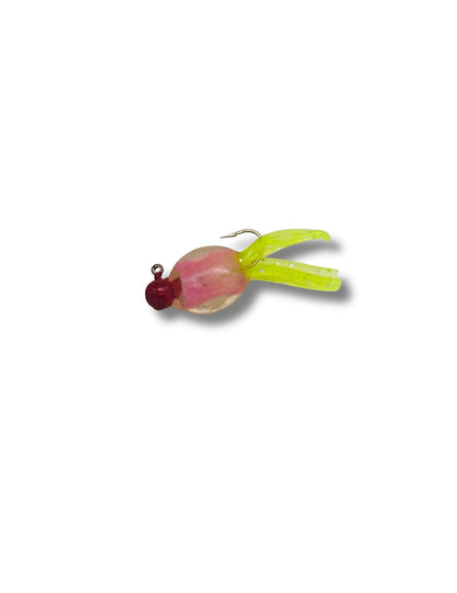 Tiny Guppie soft plastic electric chicken  finger tail finesse jig featuring a neon yellow tail, a pink body, and a dark red round jig head for crappie fishing