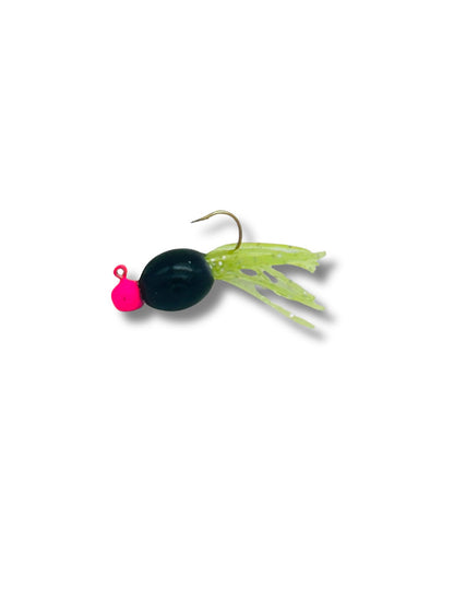 Tiny Guppie soft plastic finger tail finesse jig featuring a neon yellow tail, a solid dark black body, and a high-visibility hot pink jig head