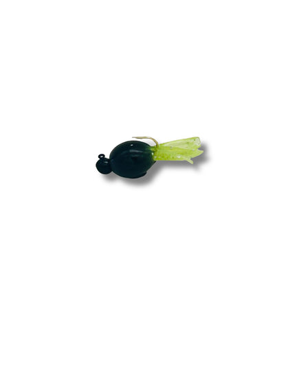 Tiny Guppie soft plastic finger tail finesse jig featuring a neon yellow tail, a solid dark green-black body, and a matching black jig head