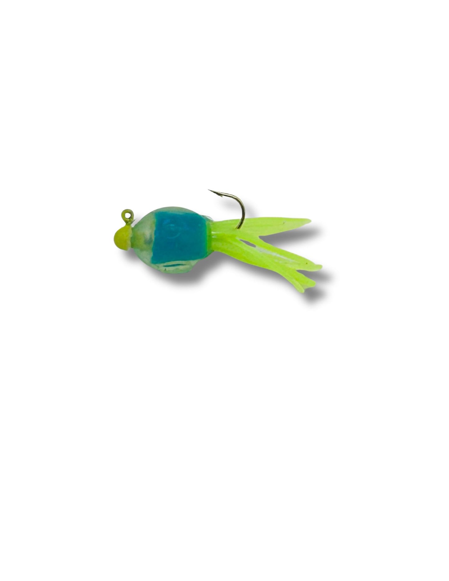 Tiny Guppie soft plastic finger tail finesse jig featuring a neon yellow tail, a custom blue and chartreuse swirled body, and a bright yellow jig head