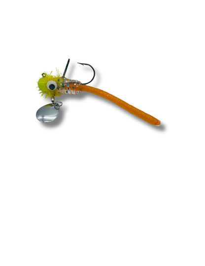 Thunder Down Under Spin custom spinnerbait bass lure by Thunder Guppy in a high-visibility orange and yellow crawl color pattern.