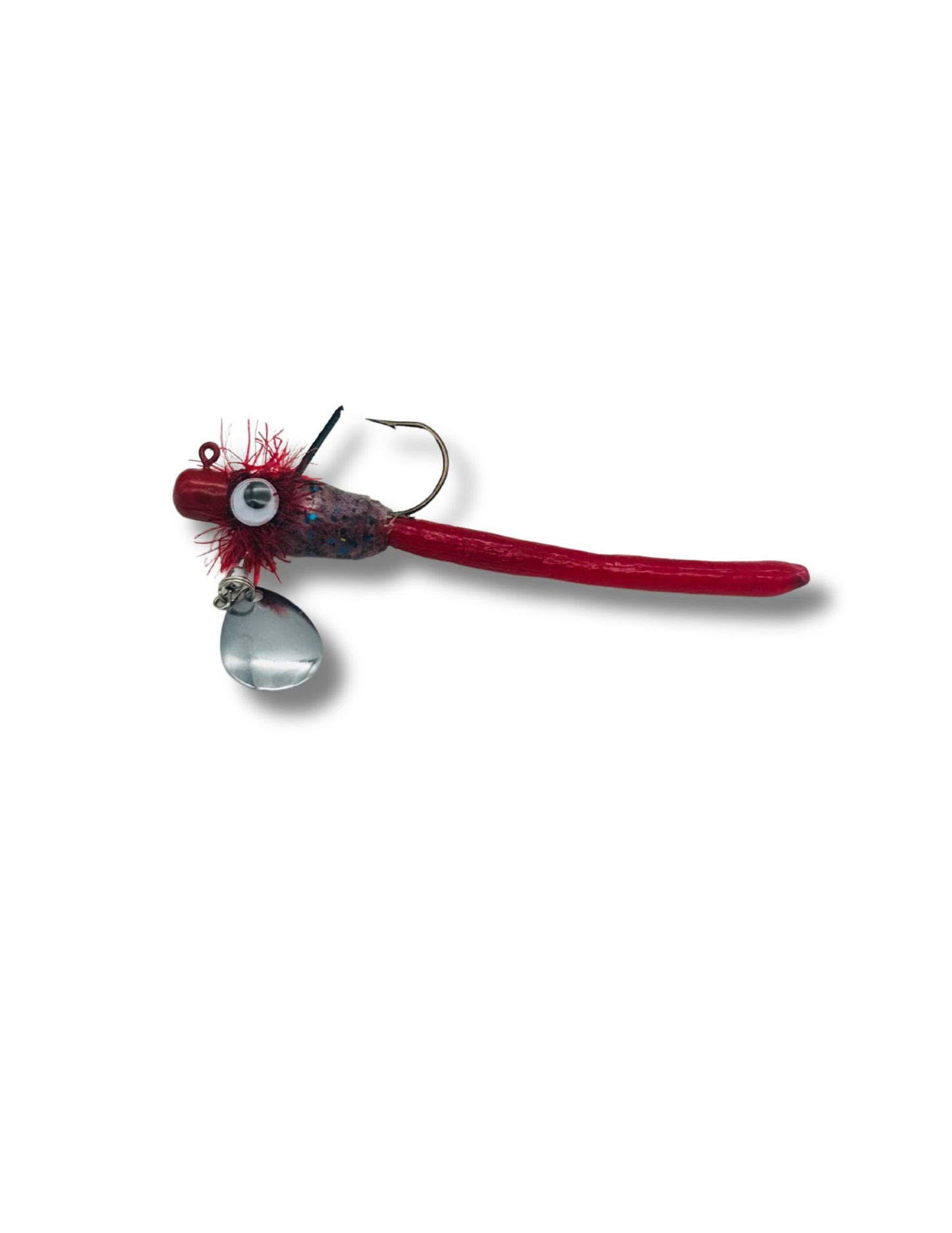 Thunder Down Under Spin custom spinnerbait bass lure by Thunder Guppy in a dark red and flake brown color pattern with a built-in weed guard.