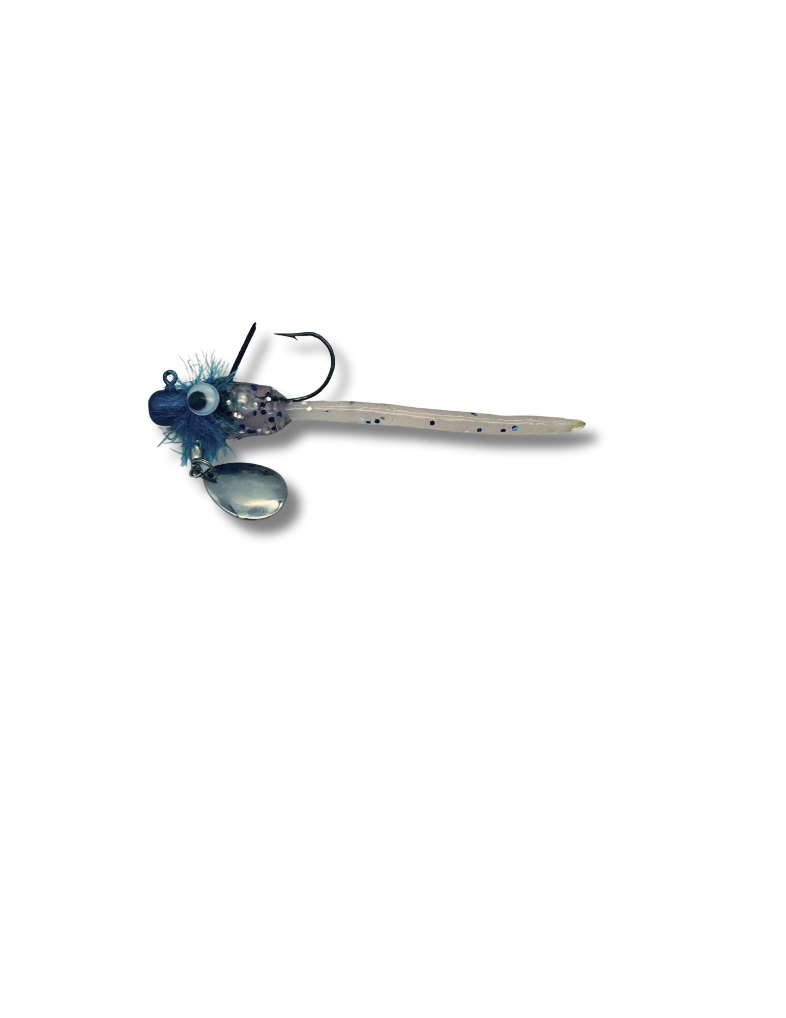 Thunder Down Under Spin custom spinnerbait bass lure by Thunder Guppy in a translucent crystal blue pattern with spinner blade and weed guard.
