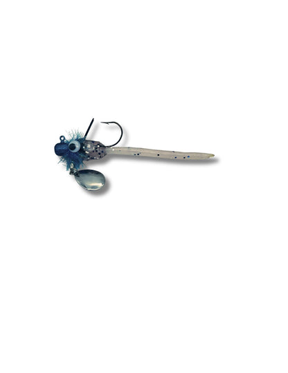 Thunder Down Under Spin custom spinnerbait bass lure by Thunder Guppy in a translucent crystal blue pattern with spinner blade and weed guard.