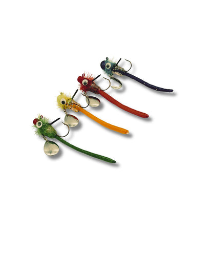 Thunder Guppy Thunder Down Under Spin custom spinnerbait bass lures displaying four color variants including green, orange, red, and blue with signature vibrating spinner blades and built-in weed guards.