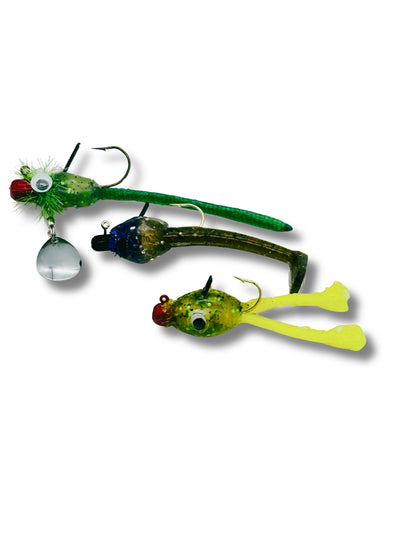 Thunder Guppie Super Tail 3-Pack multi-style fishing tackle bundle featuring Fleeing Frog, Paddle Tail Swimmer, and Thunder Down Under Spin.