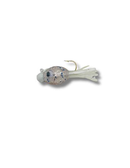 Custom lead jig vertical jigging lure by Thunder Guppy in a realistic silver and blue white shad color pattern for clear water fishing.