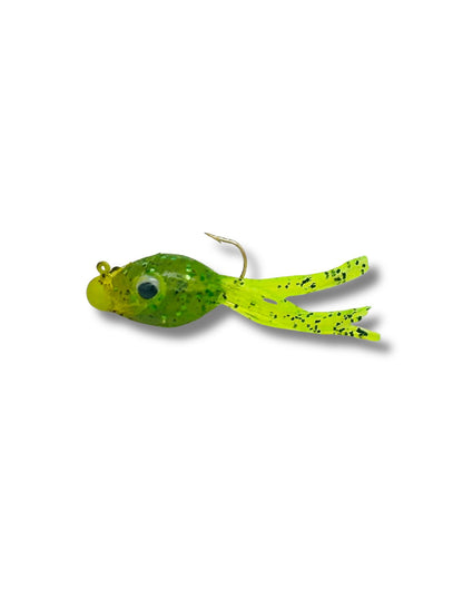Custom lead jig vertical jigging lure precision-weighted with flutter action  in color green and chartreuse by Thunder Guppy.